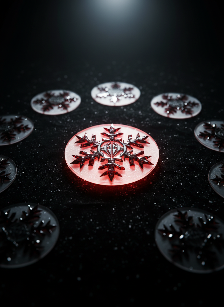 A dramatic, photographic close-up of a circular emblem made of frosted white glass and dark, glossy red crystal shards forming a stylized snowflake, lying on a black velvet surface dusted with sparkling “snow.” Subtle metallic accents suggest a band logo without readable text. A faint ring of smaller emblems radiates outward, symbolizing a tight-knit fanclub circle. Lit by focused, cool white spotlights from above and a deep crimson backlight, the scene has bold, high-contrast highlights and shadows. Shot from a slightly elevated angle with shallow depth of field so the main emblem is razor sharp while the surrounding circle fades into soft bokeh, creating an exclusive, mysterious, and powerful atmosphere that fits a modern metal-fantasy fan community.