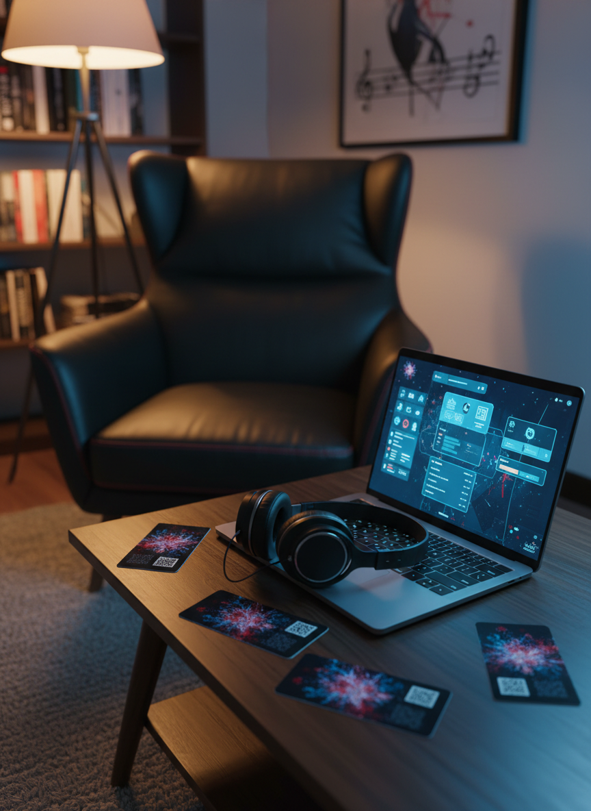 A cozy yet edgy listening corner seen in photographic realism: a black leather armchair with subtle red stitching facing a low table where a high-end pair of over-ear headphones lies atop an open laptop. On-screen, abstract interface elements hint at fanclub dashboards, exclusive content access, and event info, rendered as non-legible icons and shapes. Around the laptop are printed, stylized cards featuring snowflake-blood motifs and QR-like patterns hinting at registration. The room is lit by warm ambient light from a floor lamp to the side and cool blue glow from the screen, creating a balanced, modern contrast. Shot from a three-quarter angle with shallow depth of field, the composition feels intimate and inviting, highlighting digital community and connection to the band.