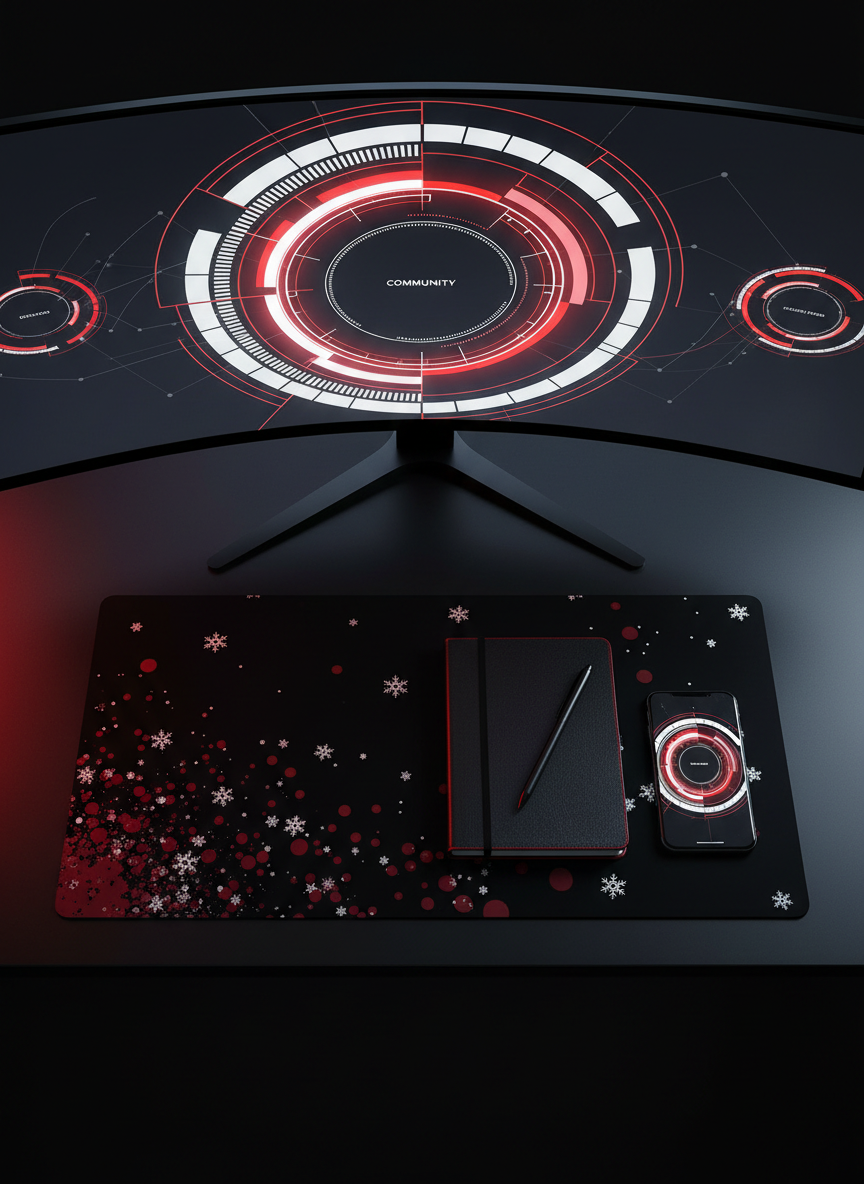 A high-contrast, photographic top-down view of a sleek black desk arranged like a fan’s command center. A large curved monitor displays an abstract, circular dashboard with glowing white and red segments representing community features, event countdowns, and band news feeds, without any readable text. Beside it lie a crimson-lined notebook, a black metal pen, and a phone showing matching circular graphics, evoking synchronized fanclub access. A subtle pattern of snowflakes dissolving into blood-red circles decorates the desk mat. Cool, diffused light from an unseen monitor bathes the objects, with a faint red accent light from the side adding drama. The composition is clean and organized, projecting control, exclusivity, and the thrill of always being up to date.