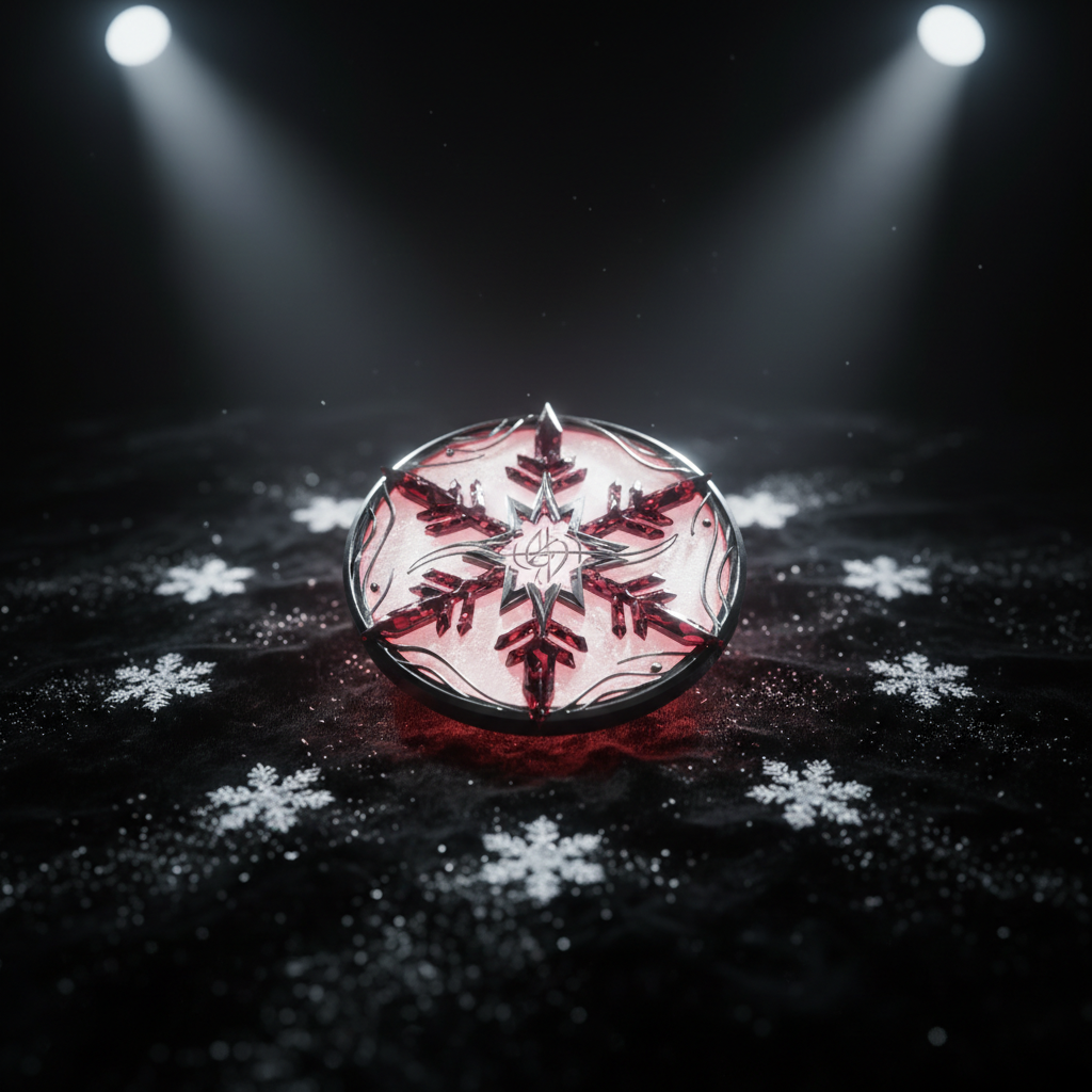 A dramatic, photographic close-up of a circular emblem made of frosted white glass and dark, glossy red crystal shards forming a stylized snowflake, lying on a black velvet surface dusted with sparkling “snow.” Subtle metallic accents suggest a band logo without readable text. A faint ring of smaller emblems radiates outward, symbolizing a tight-knit fanclub circle. Lit by focused, cool white spotlights from above and a deep crimson backlight, the scene has bold, high-contrast highlights and shadows. Shot from a slightly elevated angle with shallow depth of field so the main emblem is razor sharp while the surrounding circle fades into soft bokeh, creating an exclusive, mysterious, and powerful atmosphere that fits a modern metal-fantasy fan community.