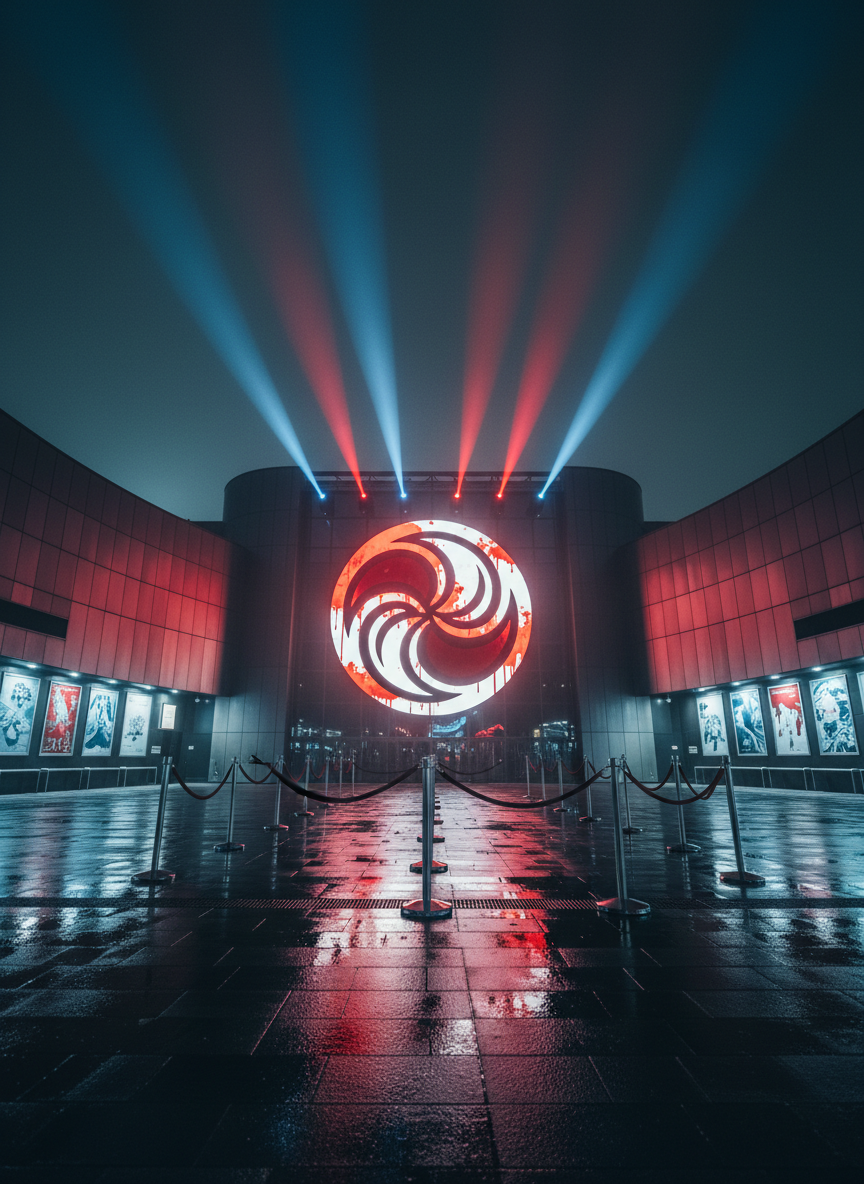 A night-time exterior, photographic view of a modern concert venue façade, its glass and metal entrance dominated by a huge, glowing circular symbol in icy white and deep crimson, suggesting the Snow White Blood Circle without words. The plaza in front is empty of people yet alive with atmosphere: spotlights paint sweeping red and blue beams into a misty sky, posters with abstract snow-and-blood imagery line the walls, and metallic stanchions guide an invisible queue of members. Cool, slightly foggy air diffuses the lights, creating halos and reflections on wet pavement. Captured from a low, wide-angle perspective, the composition feels epic and cinematic, evoking the excitement of exclusive events and the shared experiences that define the fanclub.